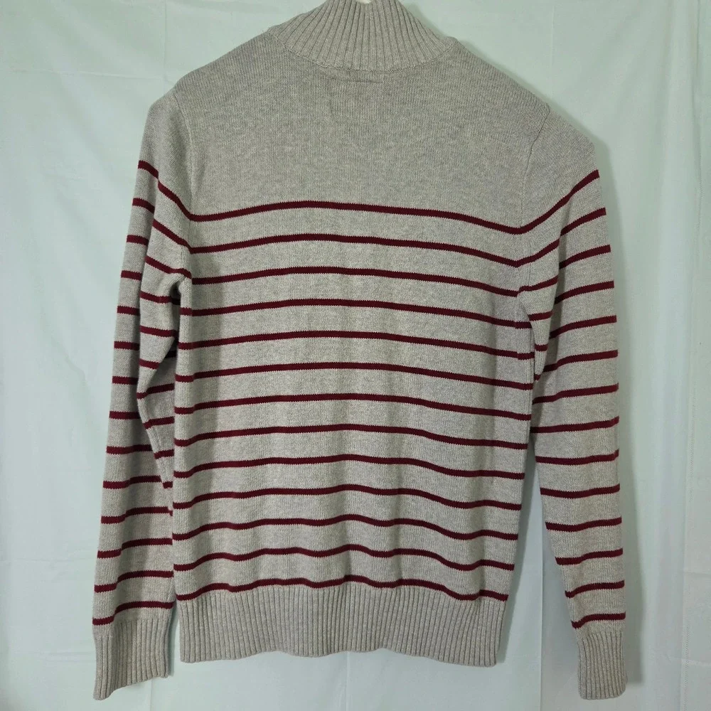 American Eagle Mens Athletic Fit Striped Mock Neck Button Zip Sweater Grey Large